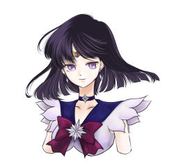 Rule 34 | 1girl, amethyst (stone), arms at sides, bad id, bad pixiv id, bare arms, bishoujo senshi sailor moon, black hair, bow, brooch, choker, closed mouth, collarbone, earrings, female focus, gem, hagu kichi (hgk), highres, jewelry, looking at viewer, magical girl, neck, necklace, outer senshi, purple bow, purple choker, purple eyes, purple sailor collar, sailor collar, sailor saturn, sailor senshi uniform, short hair, simple background, smile, solo, star (symbol), star brooch, star necklace, tiara, tomoe hotaru, upper body, white background