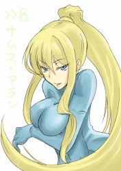 Rule 34 | 1girl, bad id, bad pixiv id, blonde hair, blue eyes, bodysuit, breast hold, breasts, large breasts, long hair, metroid, nintendo, ponytail, samus aran, shiny clothes, skin tight, smile, solo, unk, zero suit