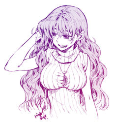 Rule 34 | 1girl, artist name, bracelet, breasts, earrings, feathers, hand in own hair, jewelry, large breasts, long hair, monochrome, necklace, open mouth, original, ribbed sweater, signature, sleeveless, smile, solo, sweater, takanashi ringo