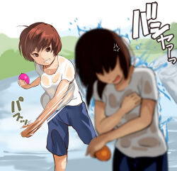 Rule 34 | 2girls, anger vein, bad id, bad twitter id, black hair, blue shorts, blurry, blurry foreground, breasts, brown eyes, brown hair, faceless, faceless female, grin, highres, holding, inactive account, jishimaru, motion lines, multiple girls, no bra, open mouth, original, outdoors, see-through, shirt, shorts, smile, standing, standing on one leg, throwing, water, water balloon, wet, wet clothes, wet shirt