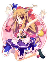 Rule 34 | 1girl, :d, arm up, blue dress, blush, bow, brown hair, chain, cuffs, dress, female focus, full body, hair ribbon, ibuki suika, layered dress, long hair, looking at viewer, looking back, low-tied long hair, meito (maze), open mouth, red bow, red eyes, ribbon, shackles, shoes, smile, solo, tareme, touhou