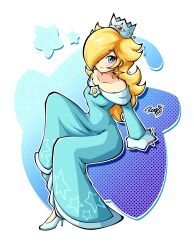 1girl absurdres bare_shoulders blonde_hair blue_dress blue_eyes brooch closed_mouth collarbone commentary commission crown dress earrings english_commentary full_body hair_over_one_eye high_heels highres jewelry long_hair long_sleeves looking_at_viewer mario_(series) nintendo off-shoulder_dress off_shoulder rosalina rotze signature smile solo star_(symbol) star_brooch star_earrings super_mario_galaxy