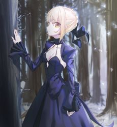 Rule 34 | 1girl, absurdres, artoria pendragon (all), artoria pendragon (fate), black bow, black dress, blonde hair, bow, braid, breasts, cleavage, collarbone, commentary request, dress, fate/grand order, fate (series), forest, hair bow, hair ornament, hair ribbon, highres, ildy, long sleeves, looking at viewer, nature, outdoors, ribbon, saber alter, sidelocks, small breasts, solo, tree, yellow eyes