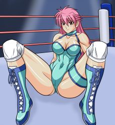 Rule 34 | 1girl, blush, boots, breasts, cleavage, curvy, large breasts, leotard, long hair, mighty yukiko, muscular, pink hair, purple eyes, sitting, smile, solo, spread legs, taroimo (00120014), thighs, wrestle angels, wrestle angels survivor, wrestling outfit, wrestling ring, wristband