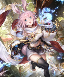 Rule 34 | 1girl, animal ears, blue eyes, braid, breasts, character request, choker, fire, fur trim, leg up, liiko, looking at viewer, medium breasts, navel, official art, open mouth, pink hair, shadowverse, shoes, shorts, side braid, solo, tail, thighhighs