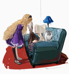 Rule 34 | 1boy, 1girl, black hairband, blonde hair, book, cigarette, couch, crossed legs, dress, full body, hairband, highres, isshiki (ffmania7), kneehighs, lamp, lampshade, loafers, long hair, looking at another, lying, on back, original, purple dress, reading, shoes, signature, silver hair, sketch, smoking, socks, standing, very long hair, wavy hair