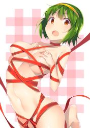 Rule 34 | 1girl, 7zu7, breasts, censored, green hair, hair ornament, hairband, hands on own chest, idolmaster, idolmaster (classic), looking at viewer, mole, mole under mouth, nude, open mouth, orange eyes, otonashi kotori, outside border, plaid, ribbon, short hair, skindentation, solo, sweatdrop