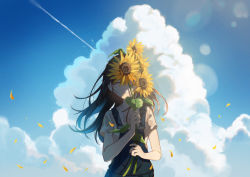 Rule 34 | 1girl, :d, blue sky, brown hair, closed eyes, cloud, commentary, cumulonimbus cloud, day, facing viewer, flower, happy, holding, holding flower, leaf, long hair, omutatsu, open mouth, original, overalls, shirt, short sleeves, sky, smile, solo, standing, sunflower, sunlight, t-shirt, teeth, upper body
