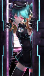 Rule 34 | 1girl, absurdres, aqua hair, bad id, bad pixiv id, bare shoulders, black dress, black gloves, black hat, black thighhighs, bracelet, cd, commentary, cowboy shot, cuffs, dress, elbow gloves, facial tattoo, gears, gloves, handcuffs, hat, hatsune miku, highres, itogari, jewelry, long hair, looking at viewer, open mouth, opening door, red eyes, sadistic music factory (vocaloid), sleeveless, sleeveless dress, solo, tattoo, thighhighs, twintails, very long hair, vocaloid, zettai ryouiki