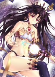 Rule 34 | 1girl, armlet, asymmetrical clothes, asymmetrical legwear, asymmetrical sleeves, bad id, bad pixiv id, bare shoulders, black hair, black panties, black thighhighs, blush, breasts, cleavage, closed mouth, collarbone, crown, detached sleeves, earrings, fate/grand order, fate (series), hair ribbon, highres, hoop earrings, ishtar (fate), jewelry, looking at viewer, navel, neck ring, panties, red eyes, ribbon, shinkami hiroki, single detached sleeve, single thighhigh, small breasts, smile, solo, stomach, thighhighs, tohsaka rin, two side up, underwear, uneven legwear, uneven sleeves