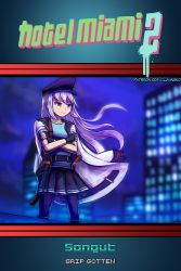 Rule 34 | 1girl, adapted costume, black gloves, black hat, blue shirt, blurry, character name, collarbone, commentary, copyright name, depth of field, fingerless gloves, gangut (kancolle), gloves, grey hair, gun, h&amp;k mp5, hat, heckler &amp; koch, hotline miami, jacket, jacket on shoulders, kantai collection, katana, long hair, lumineko, pantyhose, parody, peaked cap, red eyes, shirt, submachine gun, sword, title parody, trait connection, weapon