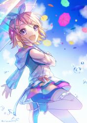 Rule 34 | 1girl, :d, aryuma772, blonde hair, blue footwear, blue shorts, bow, clothing cutout, day, grey bow, grey hairband, hair bow, hair ornament, hairband, hairclip, highres, holding, holding umbrella, hood, hood down, hooded jacket, jacket, kagamine rin, layered skirt, leg up, leo/need rin, long sleeves, miniskirt, open mouth, outdoors, pink skirt, pleated skirt, purple eyes, short hair, short shorts, shorts, shorts under skirt, shoulder cutout, skirt, smile, solo, swept bangs, thigh strap, transparent, transparent umbrella, twitter username, umbrella, vocaloid, white jacket, x hair ornament