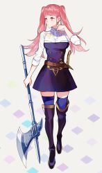 Rule 34 | 1girl, ascot, axe, black dress, blue thighhighs, breasts, closed mouth, dress, female focus, fire emblem, fire emblem: three houses, garreg mach monastery uniform, highres, hilda valentine goneril, holding, holding axe, holding weapon, long hair, looking to the side, matching hair/eyes, medium breasts, nintendo, pink eyes, pink hair, solo, thighhighs, thighs, twintails, weapon, white ascot, zettai ryouiki