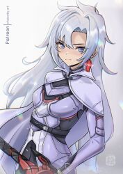 Rule 34 | 1girl, a (xenoblade), absurdres, armored bodysuit, artist name, asymmetrical bangs, blue eyes, cape, chascoby, closed mouth, commentary request, core crystal (xenoblade), curtained hair, earrings, gradient background, grey background, grey hair, highres, jewelry, long hair, looking at viewer, patreon username, purple cape, simple background, single earring, solo, standing, xenoblade chronicles (series), xenoblade chronicles 3