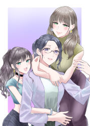Rule 34 | 3girls, absurdres, arms around neck, black choker, black hair, black pants, blue shirt, blush, bracelet, brown hair, choker, closed mouth, commentary request, earrings, glasses, gradient background, green eyes, green shirt, green sweater, highres, hug, hug from behind, jacket, jewelry, long hair, looking at viewer, multiple girls, necklace, open mouth, original, pants, ponytail, purple background, purple eyes, purple jacket, purple skirt, ribbed sweater, shirt, skirt, sleeveless, sleeveless sweater, smile, sweatdrop, sweater, white background, yuri, yuri kyanon