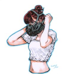 Rule 34 | 1girl, blouse, commentary, cropped torso, dated, gas mask, hair bun, hands up, highres, looking at viewer, mask, midriff, miss jisu, navel, original, putting on mask, red hair, shirt, short sleeves, signature, simple background, single hair bun, solo, traditional media, upper body, white background, white shirt