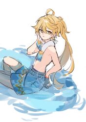 1boy absurdres aether_(genshin_impact) aether_(hot_springs)_(genshin_impact) ahoge blonde_hair genshin_impact highres long_hair looking_at_viewer male_focus official_alternate_costume ponytail satou_(satopurin33) shorts simple_background solo swimsuit topless_male towel towel_around_neck water white_background yellow_eyes