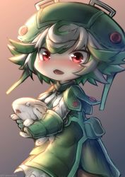 Rule 34 | 1girl, animal, artist request, blush, chestnut mouth, commentary request, gloves, green hair, hat, holding, holding animal, made in abyss, meinya (made in abyss), multicolored hair, nose blush, open mouth, pouch, prushka, red hair, two-tone hair, upper body, white hair