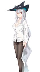 Rule 34 | 1girl, arknights, black headwear, breasts, brown pantyhose, cleavage, collarbone, collared shirt, commentary, dress shirt, feet out of frame, hair between eyes, highres, inniyik, long hair, long sleeves, medium breasts, pantyhose, parted lips, red eyes, shirt, silver hair, simple background, skadi (arknights), solo, standing, thighband pantyhose, very long hair, white background, white shirt