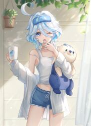 Rule 34 | 1girl, ahoge, blue eyes, blue hair, blue nails, blue shorts, commentary request, cowboy shot, cup, furina (genshin impact), genshin impact, highres, holding, holding cup, midriff, mokankan, nail polish, one eye closed, open mouth, short hair, shorts, solo, standing, steam, stuffed animal, stuffed toy, tank top, thighs, white tank top