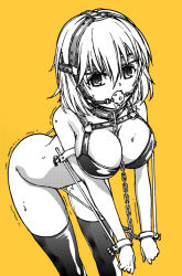 Rule 34 | 1girl, ass, bad id, bad pixiv id, ball gag, bdsm, bent over, bondage, bottomless, bound, breasts, chain, cleavage, collar, crotch rope, cuffs, cuffs-to-collar, fish.boy, gag, gagged, large breasts, latex, leather, monochrome, original, predicament bondage, pussy juice, saliva, short hair, solo, sweat, thighhighs, trembling, wiffle gag