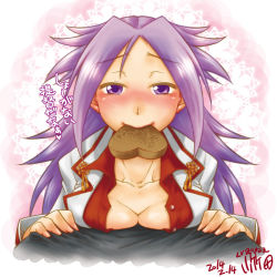 Rule 34 | 10s, 1girl, artist name, blush, breasts, chocolate, collarbone, dated, japanese clothes, jun&#039;you (kancolle), kantai collection, long hair, looking at viewer, mouth hold, okapi kingdom, personification, purple eyes, purple hair, translation request, upper body, valentine