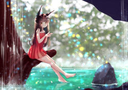 Rule 34 | 1girl, alternate costume, azur lane, bare shoulders, black hair, blunt bangs, casual, commentary request, contemporary, dress, full body, horizon, lake, long hair, looking at viewer, m ko (maxft2), nagato (azur lane), off-shoulder dress, off shoulder, red dress, reflection, reflective water, rock, sidelocks, solo, tree, yellow eyes