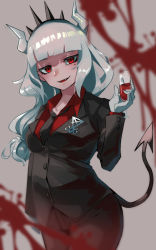 Rule 34 | 1girl, alcohol, bad id, bad pixiv id, black necktie, black pants, black tail, blood, blood stain, blunt bangs, breasts, business suit, clip studio paint (medium), cup, demon girl, demon horns, demon tail, fang, formal, gloves, helltaker, highres, holding, holding cup, horns, kurokiri6630, long hair, looking at viewer, lucifer (helltaker), mole, mole under eye, necktie, neckwear request, open mouth, pants, pantyhose, red eyes, red shirt, shirt, simple background, smile, solo, standing, suit, tail, white gloves, white horns, wine