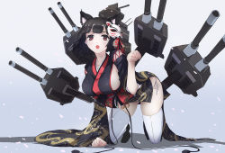 Rule 34 | 1girl, all fours, animal ear fluff, animal ears, azur lane, black hair, black kimono, breasts, cannon, cat ears, cat mask, japanese clothes, kimono, large breasts, machinery, mask, mask on head, open mouth, panties, petals, red eyes, shiny skin, short hair, short kimono, side-tie panties, sideboob, simple background, skindentation, solo, thighhighs, turewindwalker, turret, underwear, white panties, white thighhighs, wide sleeves, yamashiro (azur lane)