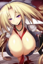 Rule 34 | 1girl, areola slip, blonde hair, bow, bra, breasts, dougan calpis con, gigantic breasts, hair bow, hanging breasts, highres, jewelry, lace, lace bra, leaning forward, lingerie, long hair, nagakura sayo, necklace, purple eyes, raised eyebrows, skindentation, smile, solo, soukou akki muramasa, underwear, very long hair