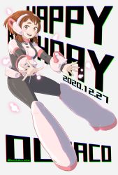 Rule 34 | 1girl, :d, black bodysuit, blush, bnags, bodysuit, boku no hero academia, boots, breasts, brown eyes, brown hair, buthikireta, character name, commentary request, dated, grey background, happy birthday, high heel boots, high heels, highres, large breasts, looking at viewer, open mouth, outstretched arms, short hair, sidelocks, simple background, smile, teeth, thigh boots, thighhighs, twitter username, uraraka ochako, white bodysuit
