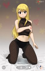 Rule 34 | 1girl, artist name, bare shoulders, bed, blonde hair, blush, breasts, brown eyes, crop top, fairy tail, fishnet pantyhose, fishnets, gaston18, hand tattoo, heart, highres, kneeling, large breasts, long hair, looking at viewer, lucy heartfilia, midriff, navel, pantyhose, parted lips, recording, solo, stomach, tattoo