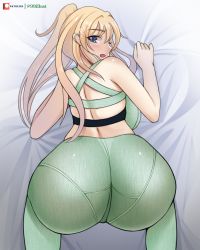 Rule 34 | 1girl, 99illust, all fours, alternate costume, ass, backboob, bare shoulders, blonde hair, blue eyes, blush, breasts, from above, from behind, genshin impact, highres, huge ass, jean (genshin impact), large breasts, long hair, looking at viewer, open mouth, pants, pantylines, ponytail, shiny clothes, shiny skin, sideboob, solo, sports bra, very long hair, yoga pants