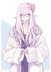 Rule 34 | 1girl, absurdres, bad id, bad pixiv id, black-framed eyewear, blue background, blue eyes, blunt bangs, buran (kure), commentary request, dress, elf, flower, grey hair, hair flower, hair ornament, highres, jacket, long hair, long sleeves, nail polish, open clothes, open jacket, original, parted lips, pink nails, pointy ears, purple dress, semi-rimless eyewear, sleeves past wrists, solo, two-tone background, under-rim eyewear, upper body, white background, white flower, white jacket, wide sleeves