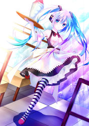 Rule 34 | 1girl, bad id, bad pixiv id, blue eyes, blue hair, dress, dutch angle, elbow gloves, food, frown, gloves, hatsune miku, headphones, highres, long hair, maid, matching hair/eyes, shaved ice, single thighhigh, skirt hold, solo, standing, standing on one leg, striped clothes, striped thighhighs, thighhighs, tianya beiming, tray, twintails, very long hair, vocaloid