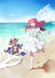 Rule 34 | 1girl, ahoge, barefoot, beach, black fur, blue sky, blush, claws, commentary, crescent, crescent hair ornament, day, debidebi debiru, demon, demon girl, demon horns, demon tail, demon wings, dress, closed eyes, facing another, footprints, full body, hair ornament, highres, horns, long hair, nijisanji, ocean, open mouth, outdoors, outstretched arms, puffy short sleeves, puffy sleeves, red hair, running, short sleeves, sky, smile, tail, two side up, virtual youtuber, white dress, wings, yuura, yuzuki roa
