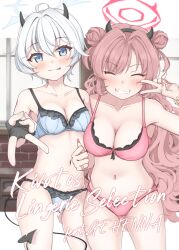 Rule 34 | 2girls, ^ ^, ahoge, alternate costume, armpits, blue archive, blush, breasts, chibi chosu, cleavage, closed eyes, collarbone, comiket 102, demon horns, double bun, erika (blue archive), fake horns, fingerless gloves, fingernails, gloves, gluteal fold, grey hair, grin, gyaru v, hair bun, halo, highres, horns, kirara (blue archive), large breasts, letterboxed, long hair, looking at viewer, medium breasts, multiple girls, nail polish, navel, pink hair, short hair, smile, stomach, tongue, tongue out, underwear, underwear only, v, very long hair