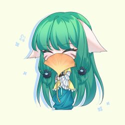 Rule 34 | 1girl, animal ears, blue flower, chibi, closed eyes, covering own mouth, ears down, facial mark, flower, fox ears, frilled jacket, frilled sleeves, frills, full body, ginkgo leaf, green hair, green skirt, highres, holding, holding leaf, huyao xiao hongniang, jacket, kumu zaisheng, layered sleeves, leaf, long hair, long skirt, long sleeves, low-tied sidelocks, short over long sleeves, short sleeves, skirt, solo, tushan rongrong, very long hair, yellow background, yellow jacket