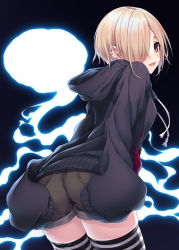 Rule 34 | 1girl, :d, ass, black hoodie, black shorts, blonde hair, blush, brown eyes, commentary request, drawstring, ear piercing, earrings, hair over one eye, hasumi (hasubatake39), highres, hood, hood down, hoodie, idolmaster, idolmaster cinderella girls, jewelry, leaning forward, long sleeves, looking at viewer, looking back, open mouth, piercing, shirasaka koume, short hair, short shorts, shorts, sleeves past fingers, sleeves past wrists, smile, solo, striped clothes, striped thighhighs, thighhighs