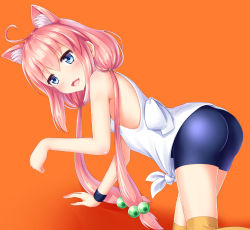 Rule 34 | 1girl, ahoge, all fours, animal ear fluff, animal ears, ass, bike shorts, blue eyes, cat ears, clenched hand, from side, highres, hinata channel, kyamu (qqea92z9n), looking to the side, low twintails, nekomiya hinata, open mouth, orange background, orange thighhighs, paw pose, pink hair, short shorts, shorts, simple background, smile, solo, thighhighs, twintails, vest, virtual youtuber, white vest, wristband