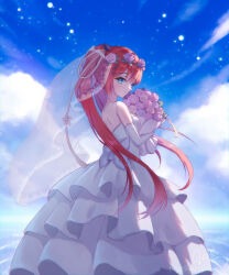 Rule 34 | 1girl, aqua eyes, back, back bow, bare shoulders, blue sky, blush, bouquet, bow, bridal veil, closed mouth, cloud, commentary request, dress, eyelashes, flower, from side, gloves, hair between eyes, hair flower, hair ornament, hairclip, highres, holding, holding bouquet, kamiyama shiki, light particles, long dress, long hair, looking at viewer, pink flower, pink rose, ponytail, profile, red hair, rose, shiki hamaguri, signature, sky, smile, solo, standing, straight hair, summer pockets, tassel, tassel hair ornament, twitter username, veil, very long hair, wedding dress, white bow, white dress, white gloves, yellow tassel