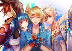 Rule 34 | 1girl, 3boys, blonde hair, blue eyes, blue flower, brown hair, cross, dizzy (guilty gear), eyepatch, closed eyes, family, father and daughter, father and son, flower, guilty gear, guilty gear xrd, hair ribbon, husband and wife, ky kiske, looking at viewer, multiple boys, ponytail, red eyes, red flower, ribbon, shinrin kusaba, sin kiske, smile, sol badguy, twintails, yellow ribbon