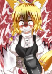 Rule 34 | 1girl, animal ears, blonde hair, blush, bound, braid, constricted pupils, crying, crying with eyes open, female focus, fox ears, fox tail, gag, gagged, hair clipper, hair ribbon, improvised gag, kemonomimi mode, kirisame marisa, motion lines, no headwear, puffy sleeves, razor, ribbon, scared, shaking head, solo, tail, takorice, tape, tape gag, tears, tied up (nonsexual), touhou, wide-eyed, yellow eyes, youkai fox (touhou), youkai fox (wild and horned hermit)