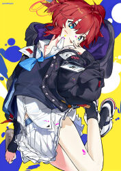 Rule 34 | 1girl, absurdres, artist name, black jacket, black socks, black sweater, blue archive, blue eyes, blue necktie, can, closed mouth, collared shirt, gohanduck, halo, highres, holding, holding can, hood, hooded jacket, id card, jacket, long sleeves, looking at viewer, maki (blue archive), miniskirt, necktie, open clothes, open jacket, paint splatter, paint splatter on face, red hair, shirt, shoes, short hair, skirt, smile, sneakers, socks, solo, spray can, sweater, tongue, tongue out, white footwear, white shirt, white skirt