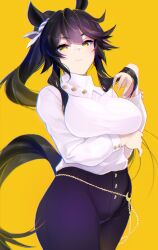 Rule 34 | 1girl, animal ears, arm under breasts, bandaid, bandaid on face, bandaid on nose, black hair, breasts, closed mouth, cowboy shot, ear ornament, highres, horse ears, horse girl, horse tail, large breasts, long hair, looking at viewer, narita brian (umamusume), official alternate costume, pants, ponytail, purple pants, simple background, solo, sweater, tail, tomoyuki hino, umamusume, white sweater, yellow background, yellow eyes