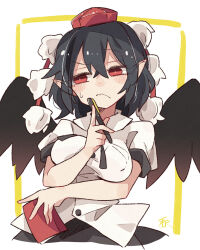 Rule 34 | 1girl, bird wings, black hair, black skirt, black wings, blush, breasts, buttons, closed mouth, collared shirt, feathered wings, hair between eyes, hat, highres, holding, holding pen, large breasts, minoru minoru, pen, pointy ears, pom pom (clothes), red eyes, red hat, shameimaru aya, shirt, short hair, short sleeves, skirt, solo, tokin hat, touhou, white shirt, wings