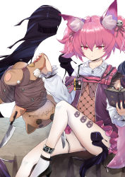 Rule 34 | 1girl, absurdres, animal ear fluff, animal ears, arknights, as yinshimao, black footwear, book, commentary, feet out of frame, fox ears, hair between eyes, hand up, high heels, highres, holding, holding book, knife, long sleeves, looking at viewer, nail polish, pink eyes, pink hair, pink nails, shamare (arknights), short hair, simple background, sitting, solo, stuffed animal, stuffed toy, thighs, twintails, v-shaped eyebrows, white background