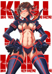 Rule 34 | 10s, 1girl, abs, absurdres, blue eyes, blush, breasts, brown hair, clenched teeth, garter straps, hair ornament, hands on own hips, highres, imizu (nitro unknown), kill la kill, large breasts, long sleeves, looking away, matoi ryuuko, md5 mismatch, midriff, multicolored hair, navel, panties, purple panties, purple thighhighs, red hair, resolution mismatch, revealing clothes, senketsu, showgirl skirt, solo, source smaller, streaked hair, suspenders, sweat, teeth, thighhighs, toned, underboob, underwear, wavy mouth