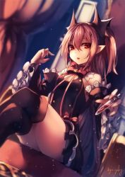 Rule 34 | 10s, 1girl, bare shoulders, black dress, bow, brown hair, detached sleeves, dress, fang, genyaky, headwear request, krul tepes, long hair, looking at viewer, open mouth, owari no seraph, pointy ears, red eyes, sitting, solo, thighhighs