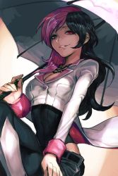 Rule 34 | 1girl, belt, black hair, breasts, cleavage, cowboy shot, heterochromia, hungry clicker, jewelry, juliet sleeves, leotard, long sleeves, looking at viewer, multicolored hair, necklace, neo politan, parted lips, pink hair, puffy sleeves, rwby, smile, solo, split-color hair, two-tone hair, umbrella